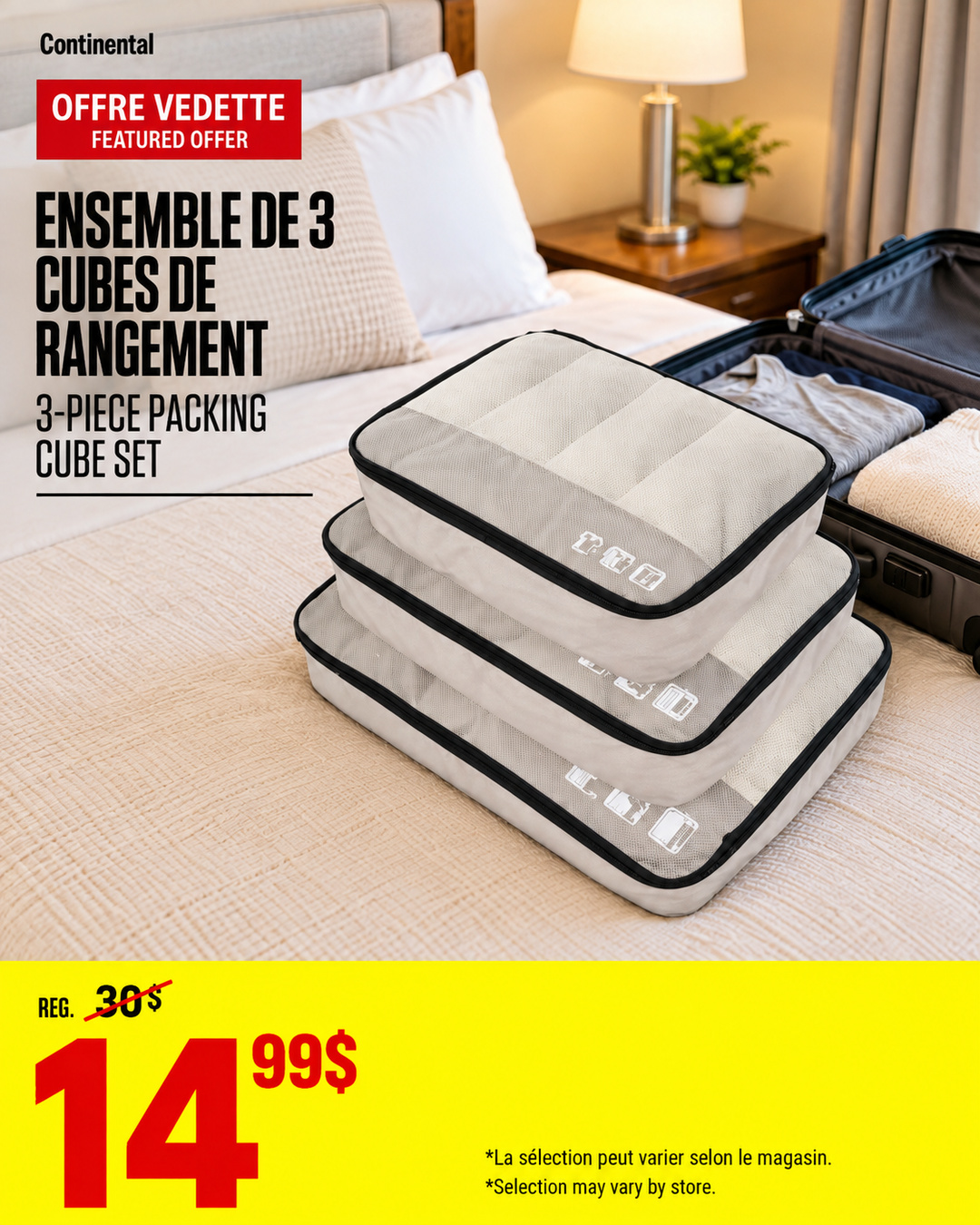 Publication officielle Continental présentant un ensemble de 3 cubes de rangement à 14,99 $ plutôt que 30 $